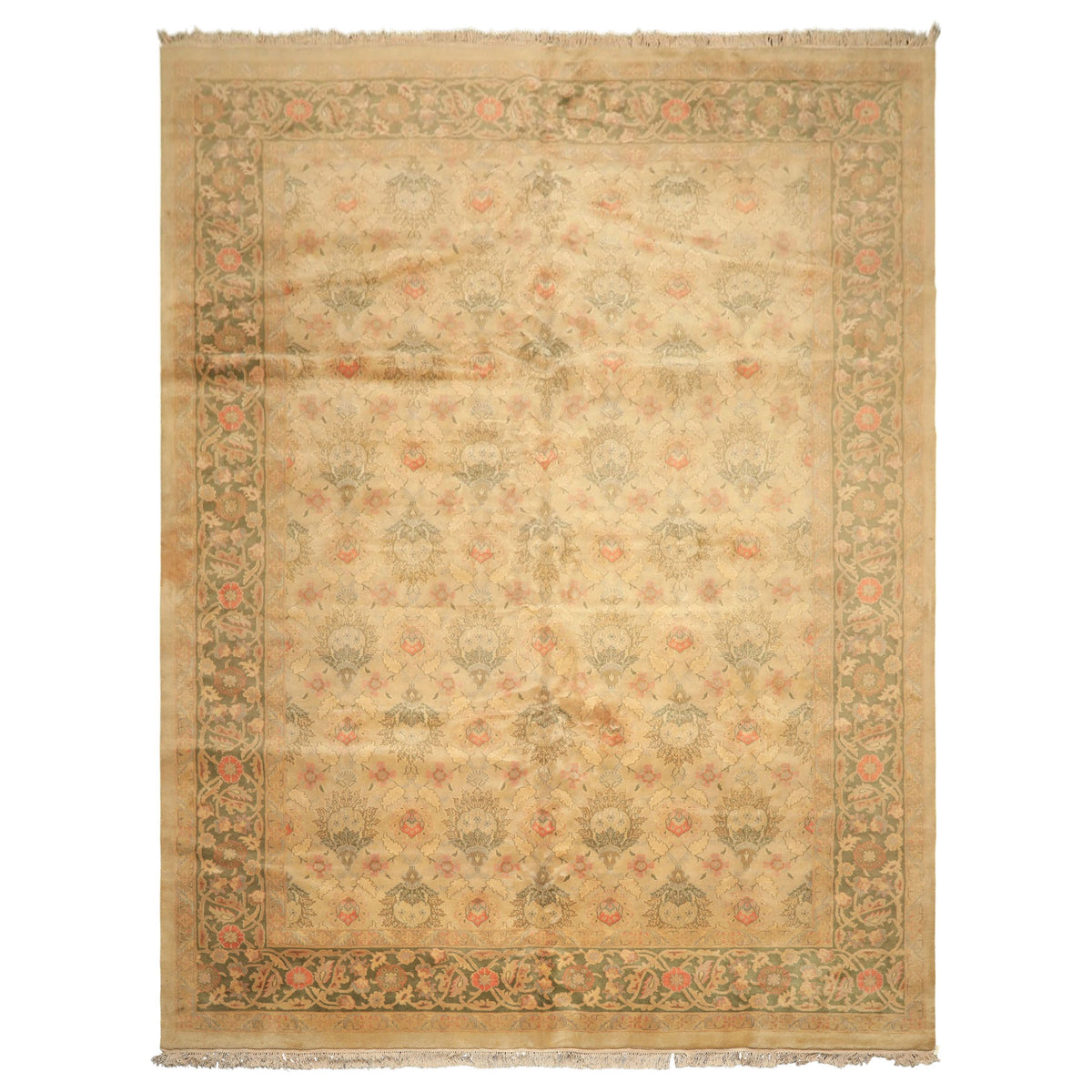 9x13 Beige, Moss, Sage Color Hand Knotted Oushak Wool Transitional Oriental Rug