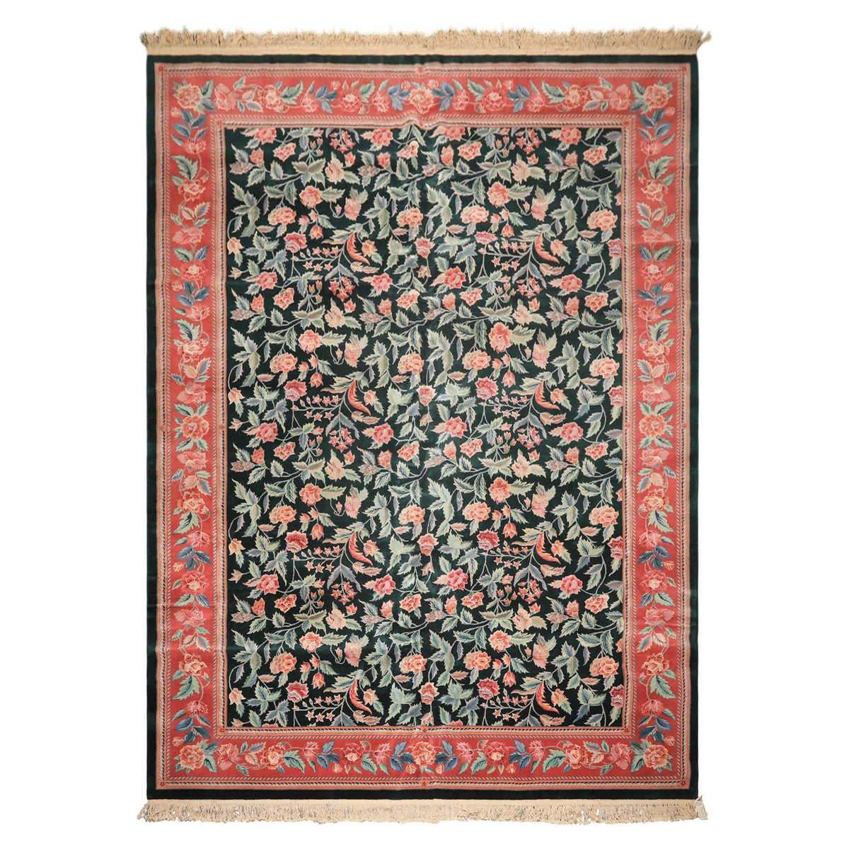 10x14 Emerald, Pink, Rose Color Hand Knotted Sino Persian Wool & Silk Traditional Oriental Rug