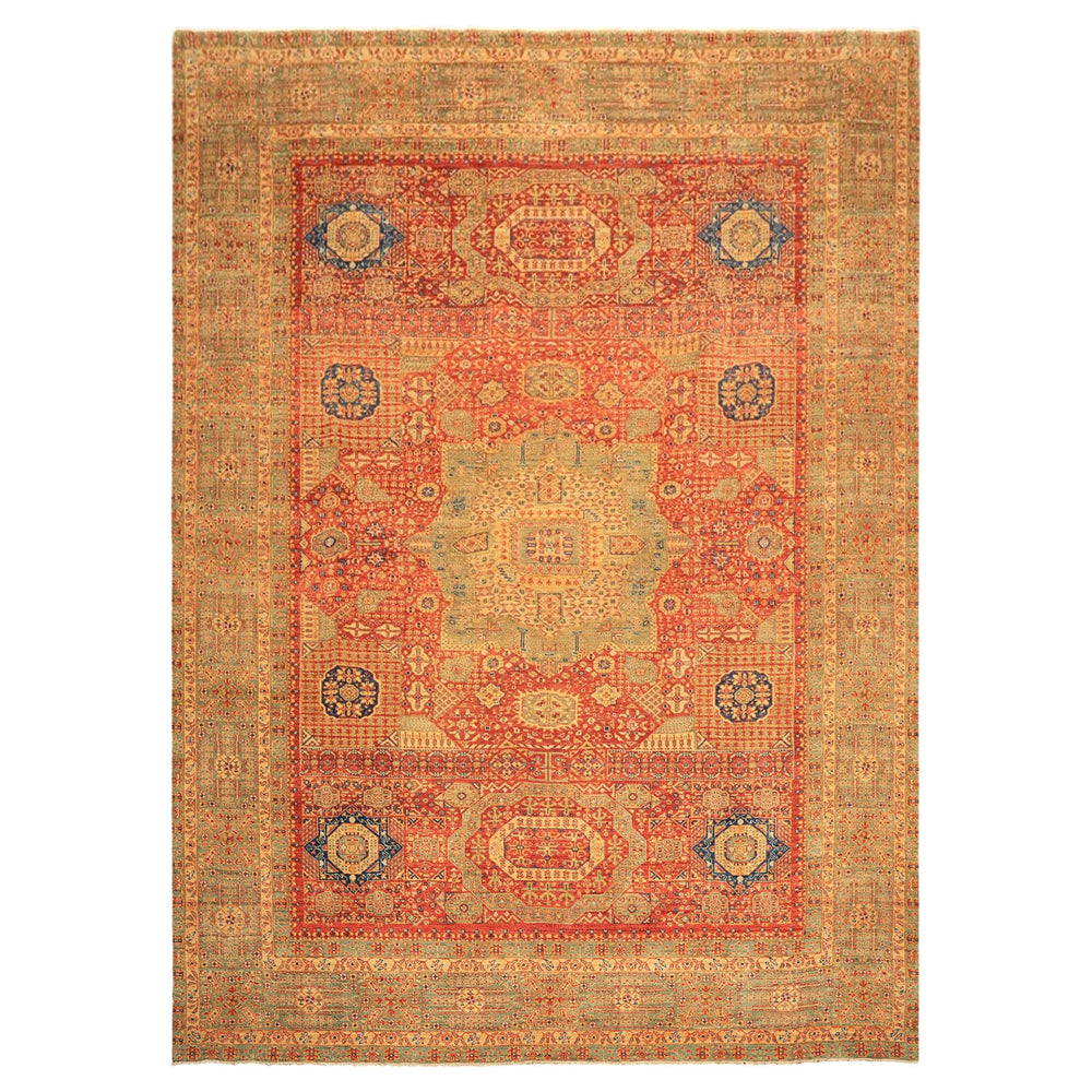 9x12 Burnt Orange, Gold, Celadone Color Hand Knotted Cairene Mamluk Wool Traditional Oriental Rug