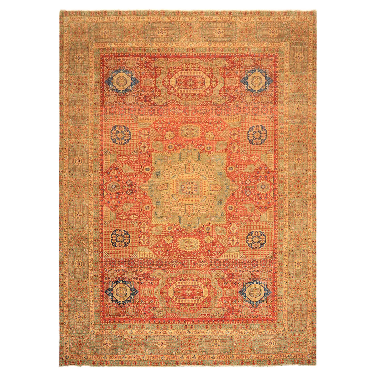 9x12 Burnt Orange, Gold, Celadone Color Hand Knotted Cairene Mamluk Wool Traditional Oriental Rug