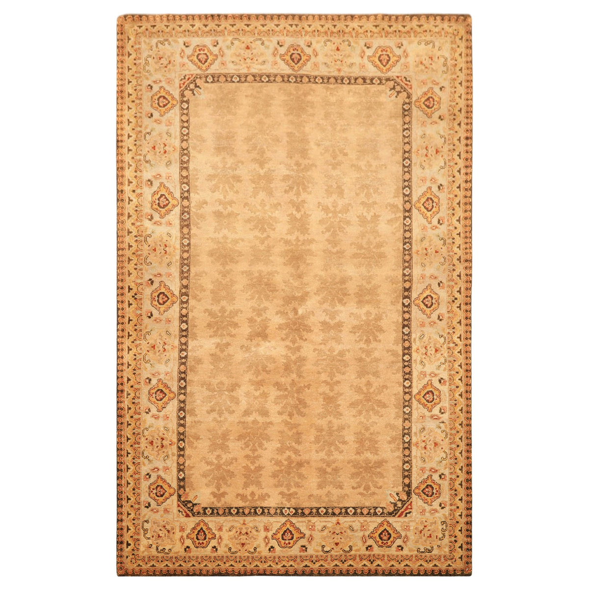 6x9 Tan, Ivory, Gold Color Hand Knotted Agra Wool Transitional Oriental Rug