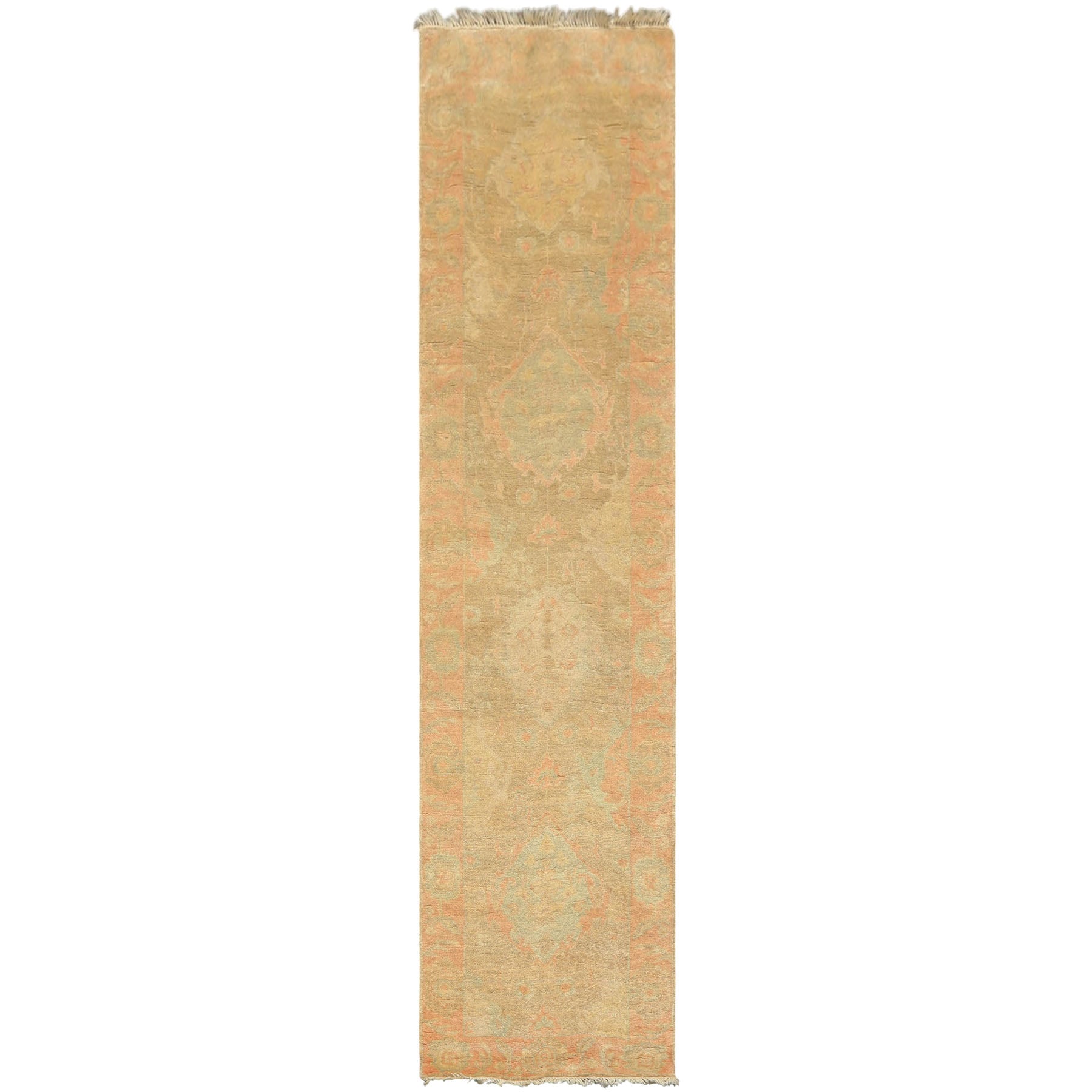 2'6x10 Beige, Mint, Blush Color Hand Knotted Oushak Wool Transitional Oriental Rug