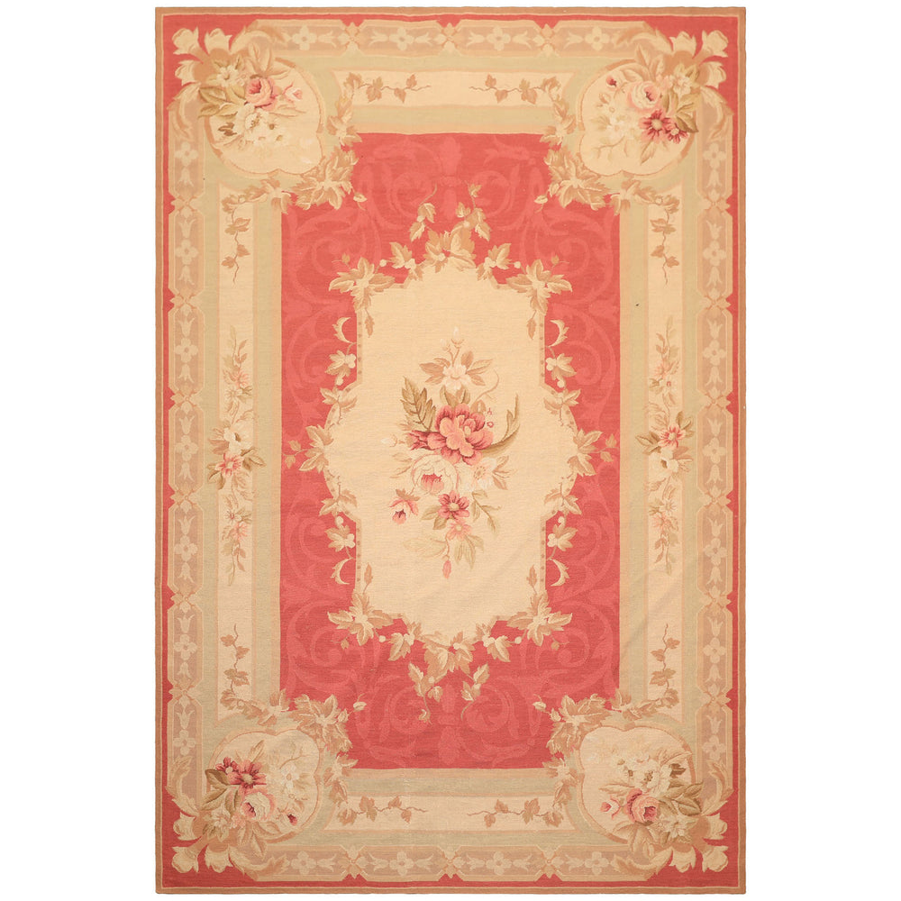 6x9 Fuschsia, Beige, Mint Color Hand Knotted French Aubusson Needlepoint Wool Traditional Oriental Rug