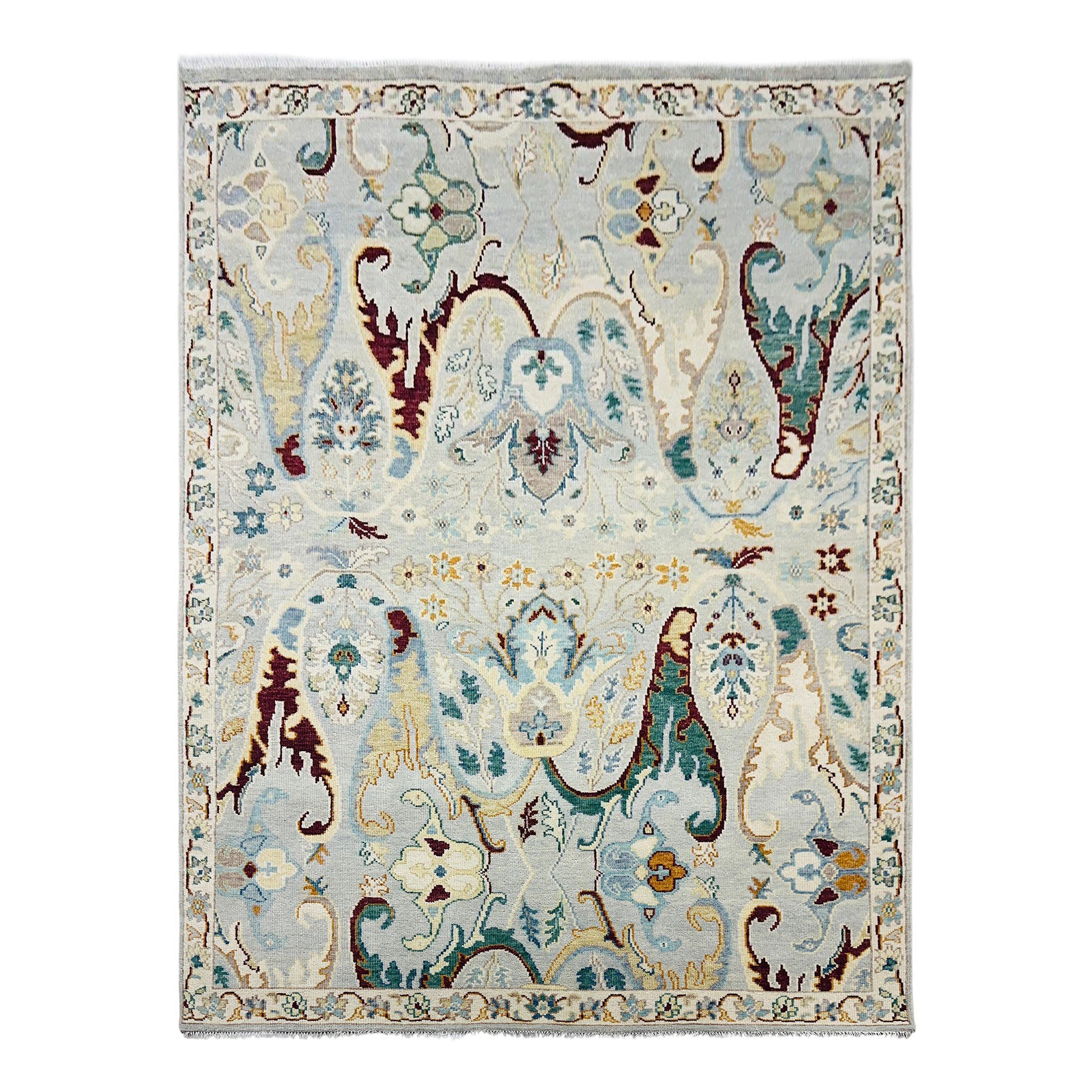 Multi Size Mint Gray Ivory Color Hand Knotted Oushak Wool  Oriental Rug
