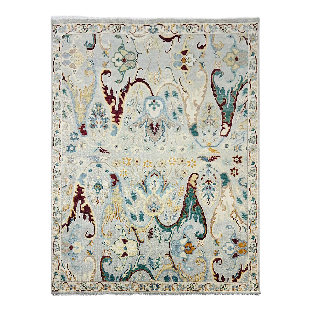 Multi Size Mint Gray Ivory Color Hand Knotted Oushak Wool  Oriental Rug