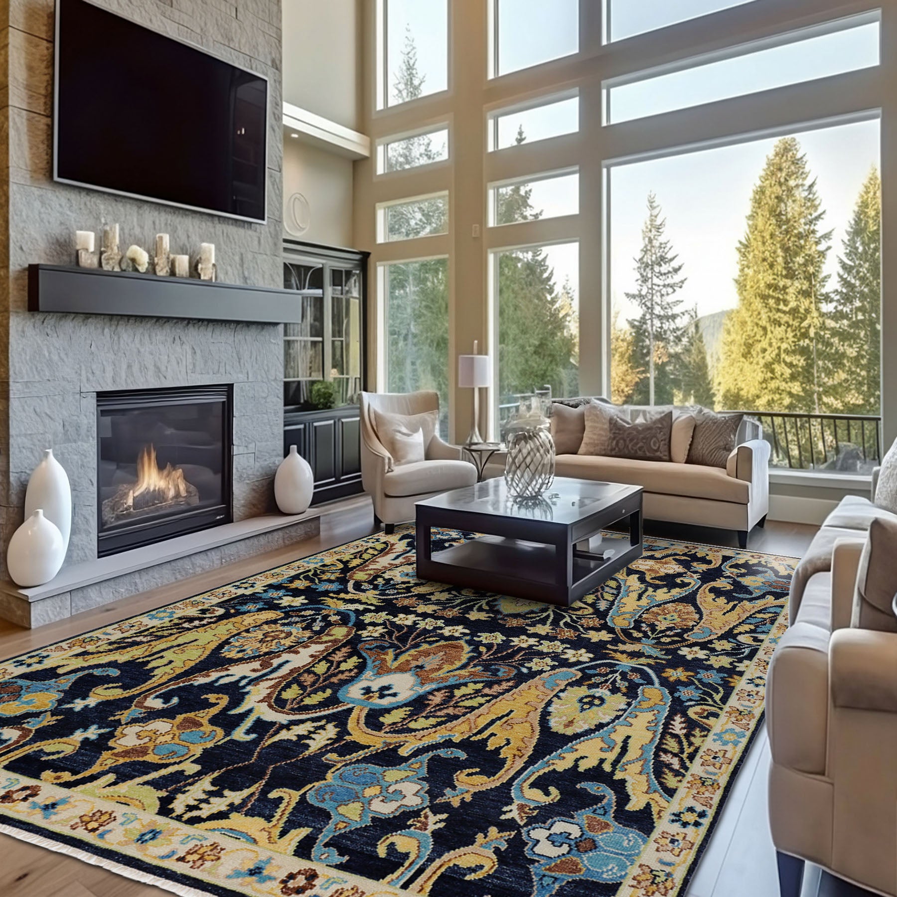 Multi Size Navy Mint Ivory Color Hand Knotted Oushak Wool  Oriental Rug