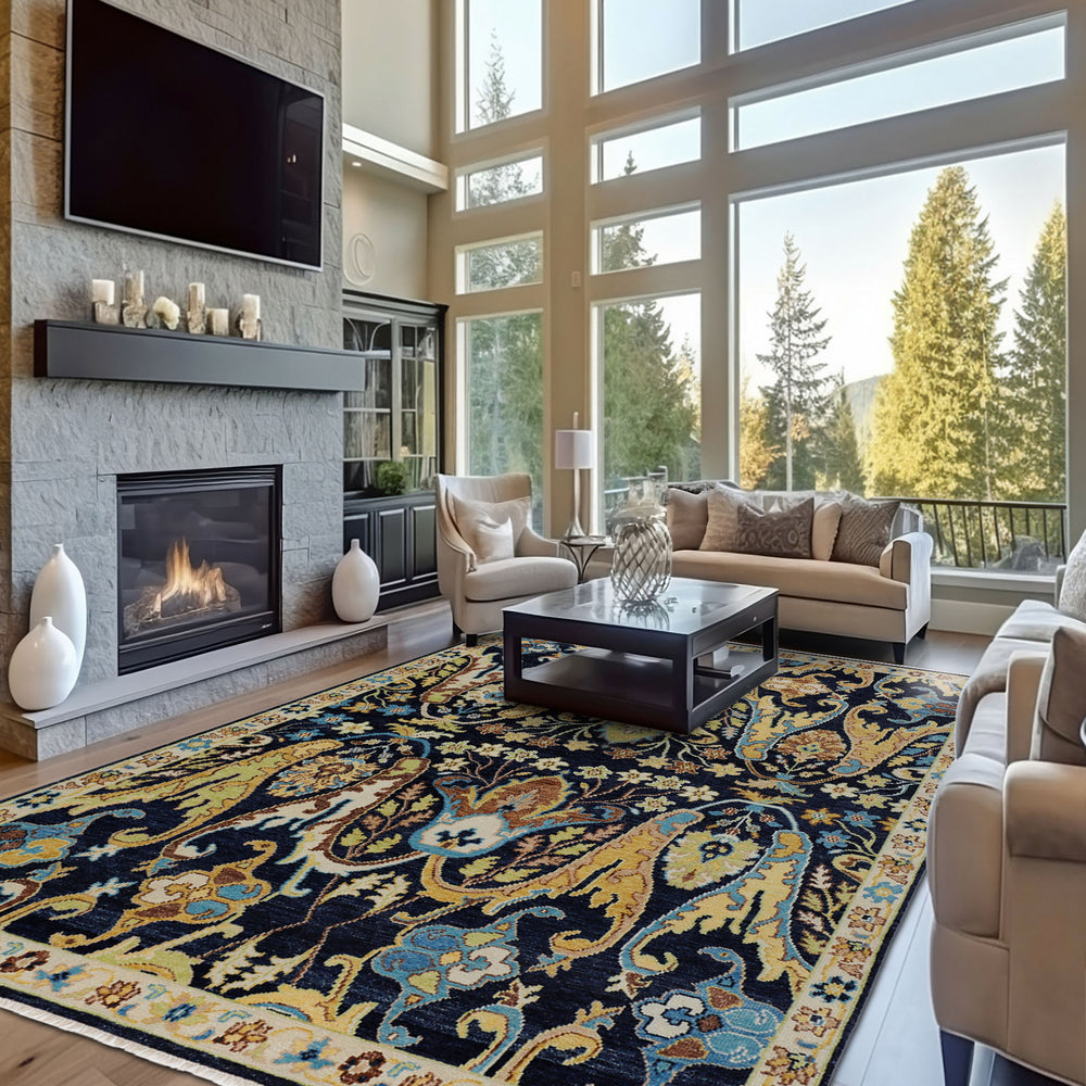 Multi Size Navy Mint Ivory Color Hand Knotted Oushak Wool  Oriental Rug