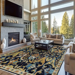 Multi Size Navy Mint Ivory Color Hand Knotted Oushak Wool  Oriental Rug
