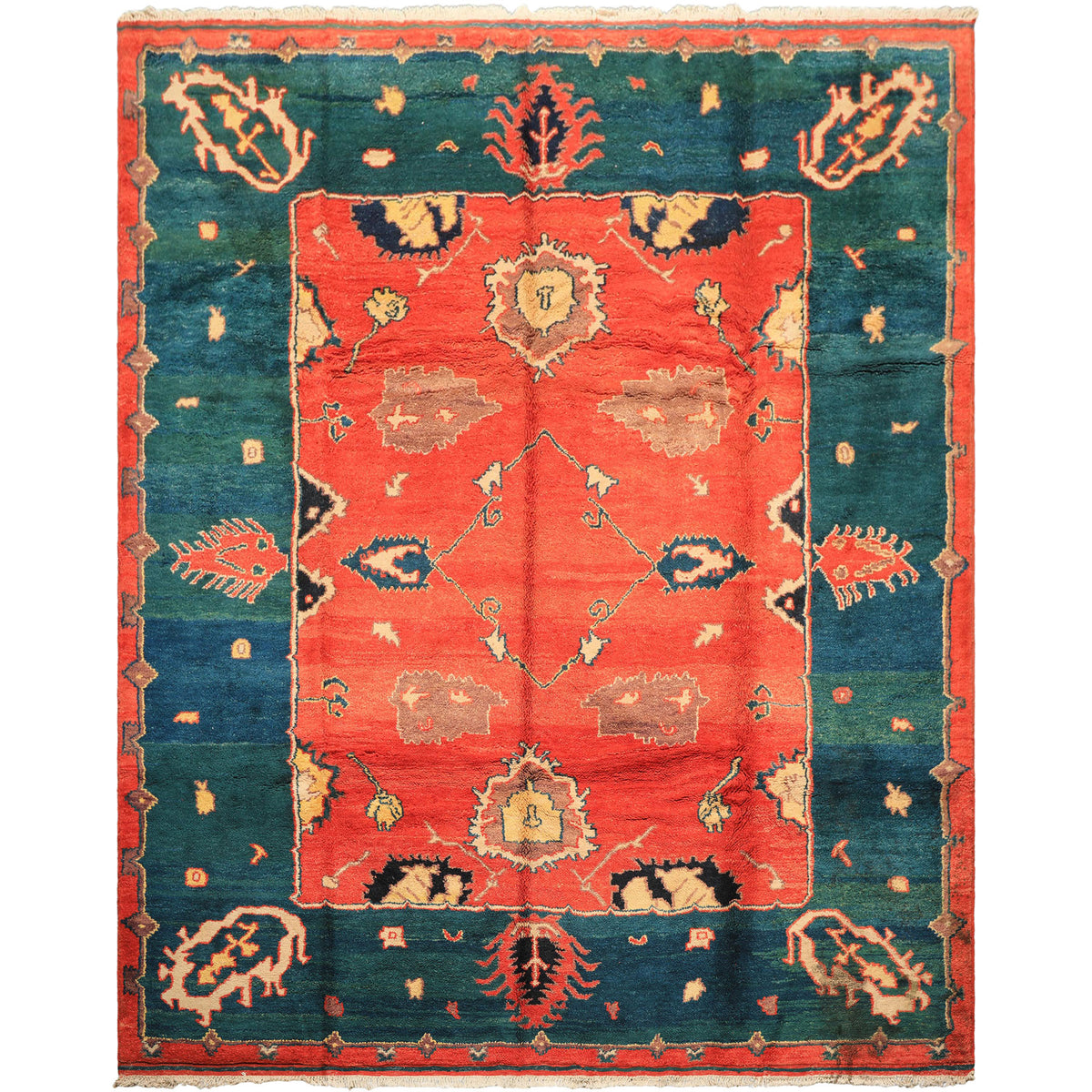 9x12 Coral, Turquoise, Teal Color Hand Knotted Turkish Oushak Wool  Oriental Rug