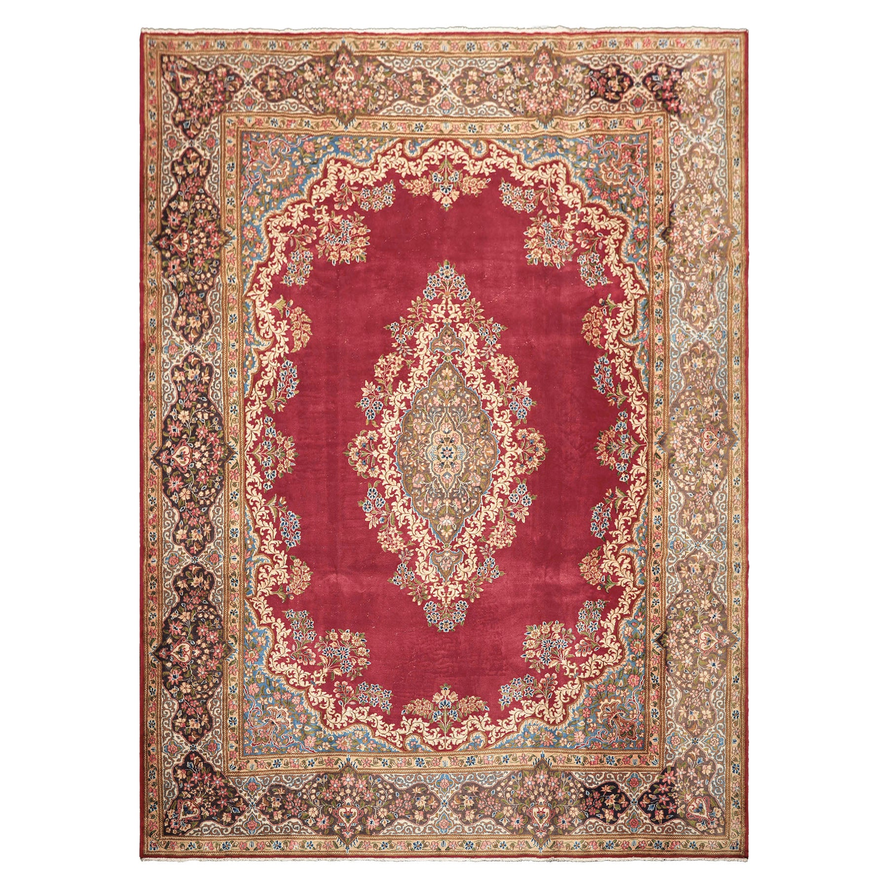 10x14 Coral, Aubergine, Aqua Color Hand Knotted Kerman Wool Traditional Oriental Rug