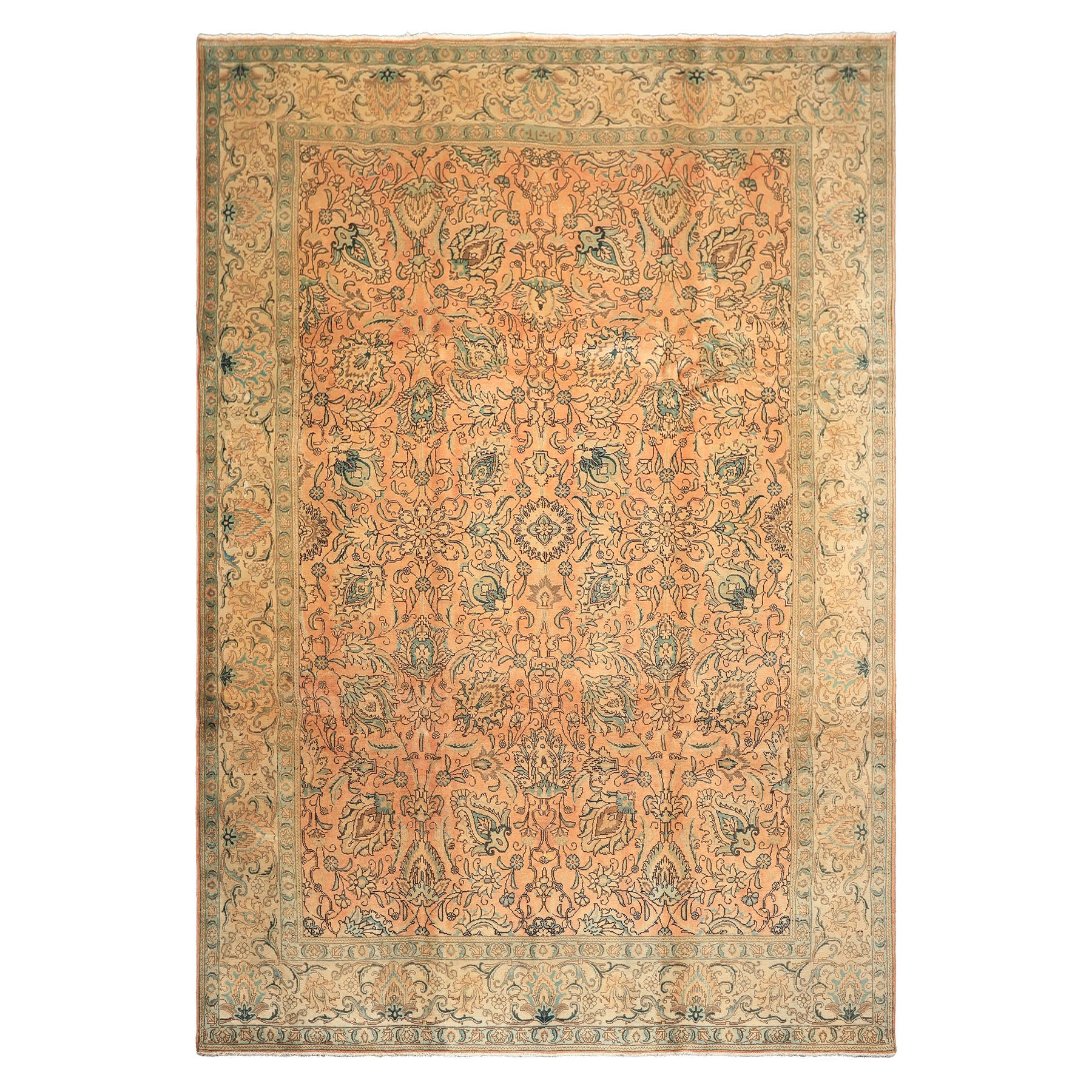 10x14 Peach, Beige, Celadon Color Hand Knotted Tabriz Wool Traditional Oriental Rug