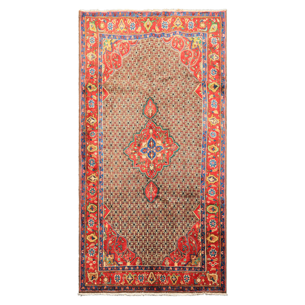 Runner Brown, Coral, Turquoise Color Hand Knotted Hamadan Wool  Oriental Rug