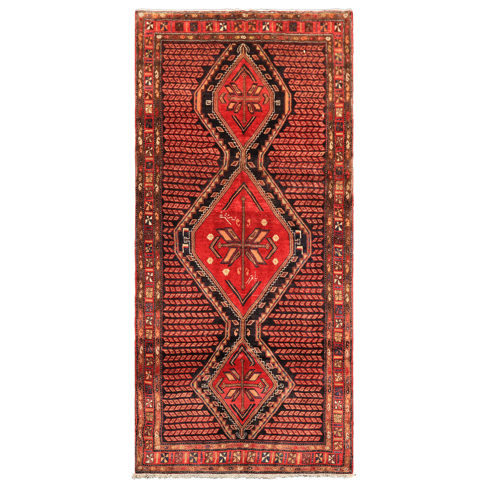 Runner Red, Charcoal, Brown Color Hand Knotted Hamadan Wool Traditional Oriental Rug