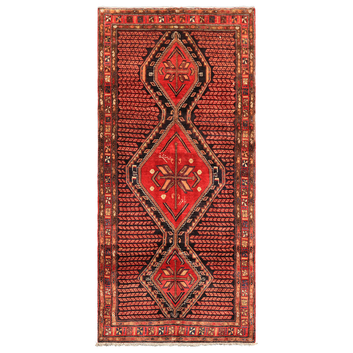 Runner Red, Charcoal, Brown Color Hand Knotted Hamadan Wool Traditional Oriental Rug