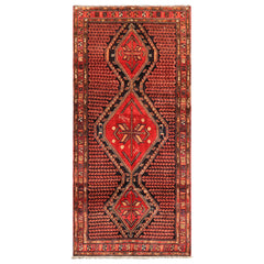 Runner Red, Charcoal, Brown Color Hand Knotted Hamadan Wool Traditional Oriental Rug