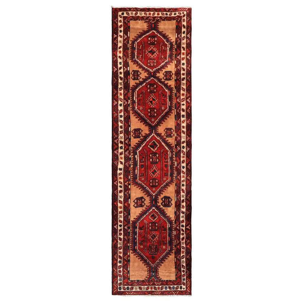 Runner Burgundy, Camel, Ivory Color Hand Knotted Kurdish Bidjar Wool Traditional Oriental Rug