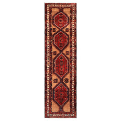 Runner Burgundy, Camel, Ivory Color Hand Knotted Kurdish Bidjar Wool Traditional Oriental Rug