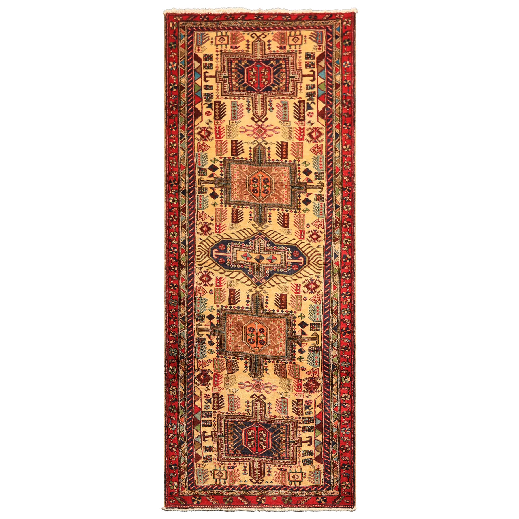 Runner Light Gold, Coral, Navy Color Hand Knotted Kurdish Hamadan Wool Traditional Oriental Rug