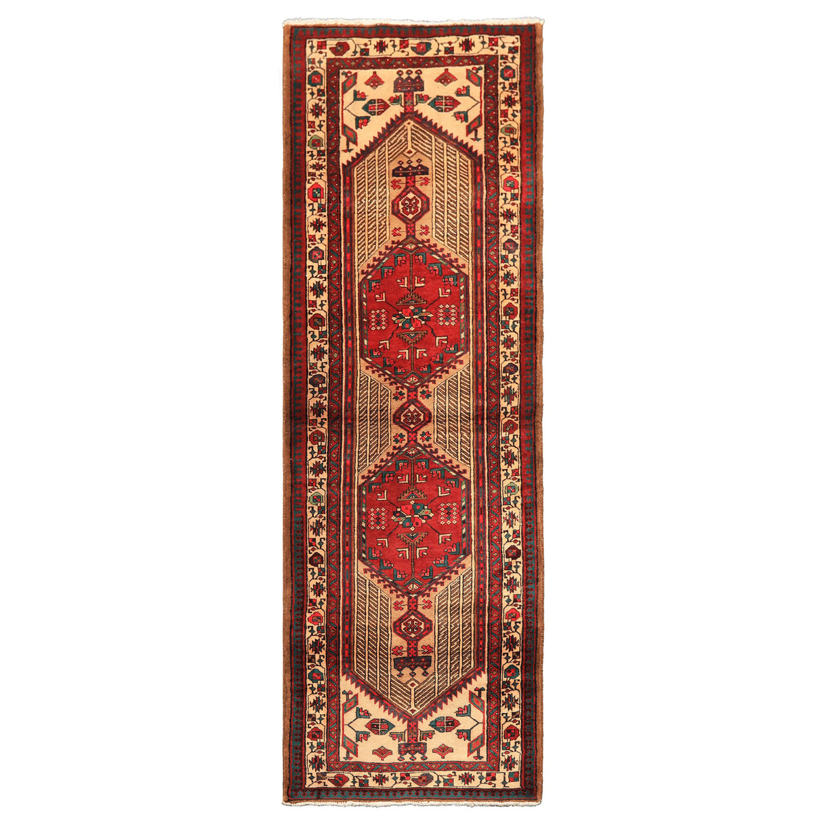Runner Rusty Red, Tan, Ivory Color Hand Knotted Kurdish Hamadan Wool Traditional Oriental Rug