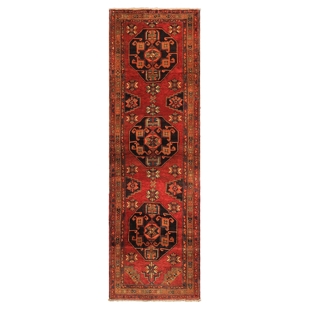 Runner Rust, Gold, Charcoal Color Hand Knotted Kurdish Hamadan Wool Traditional Oriental Rug