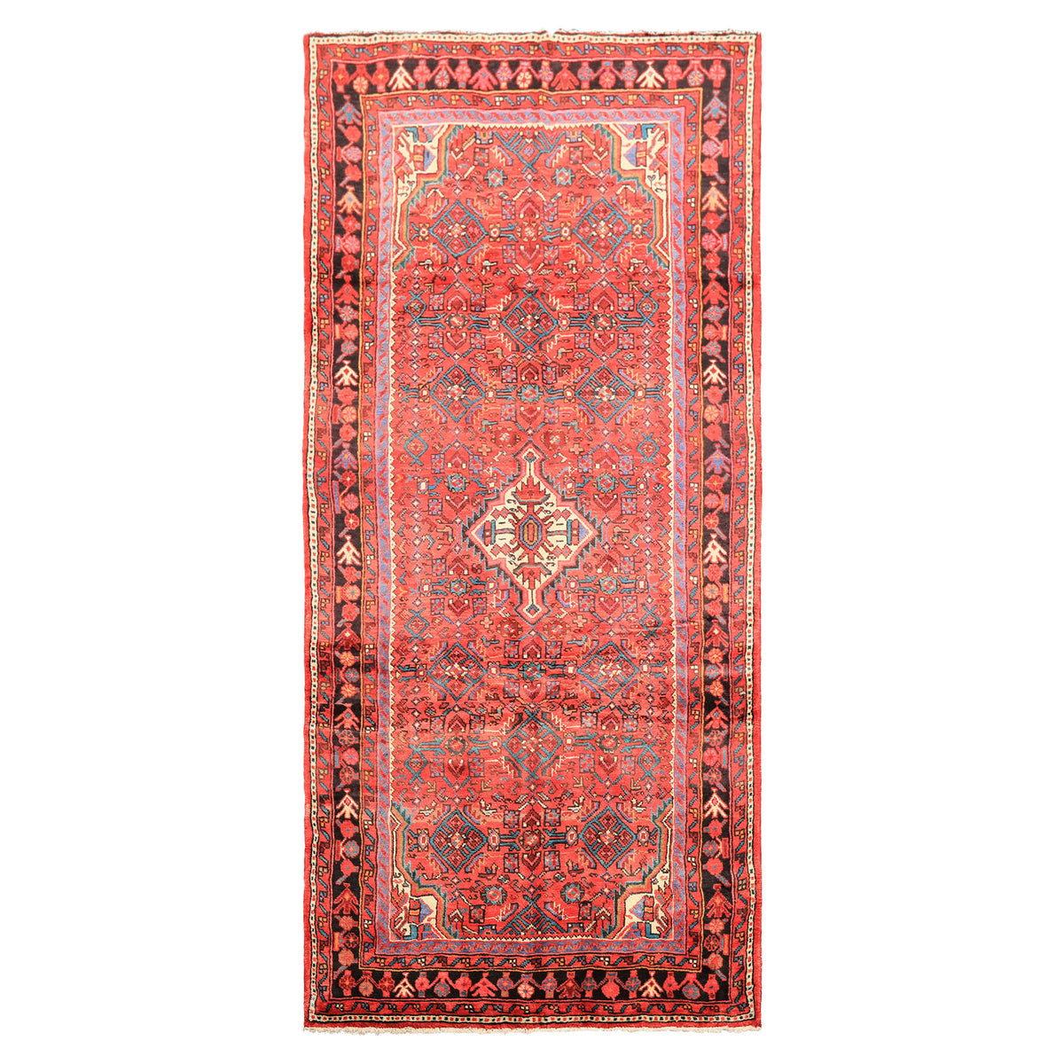 Runner Red, Rose, Charcoal Color Hand Knotted Heriz Wool Traditional Oriental Rug