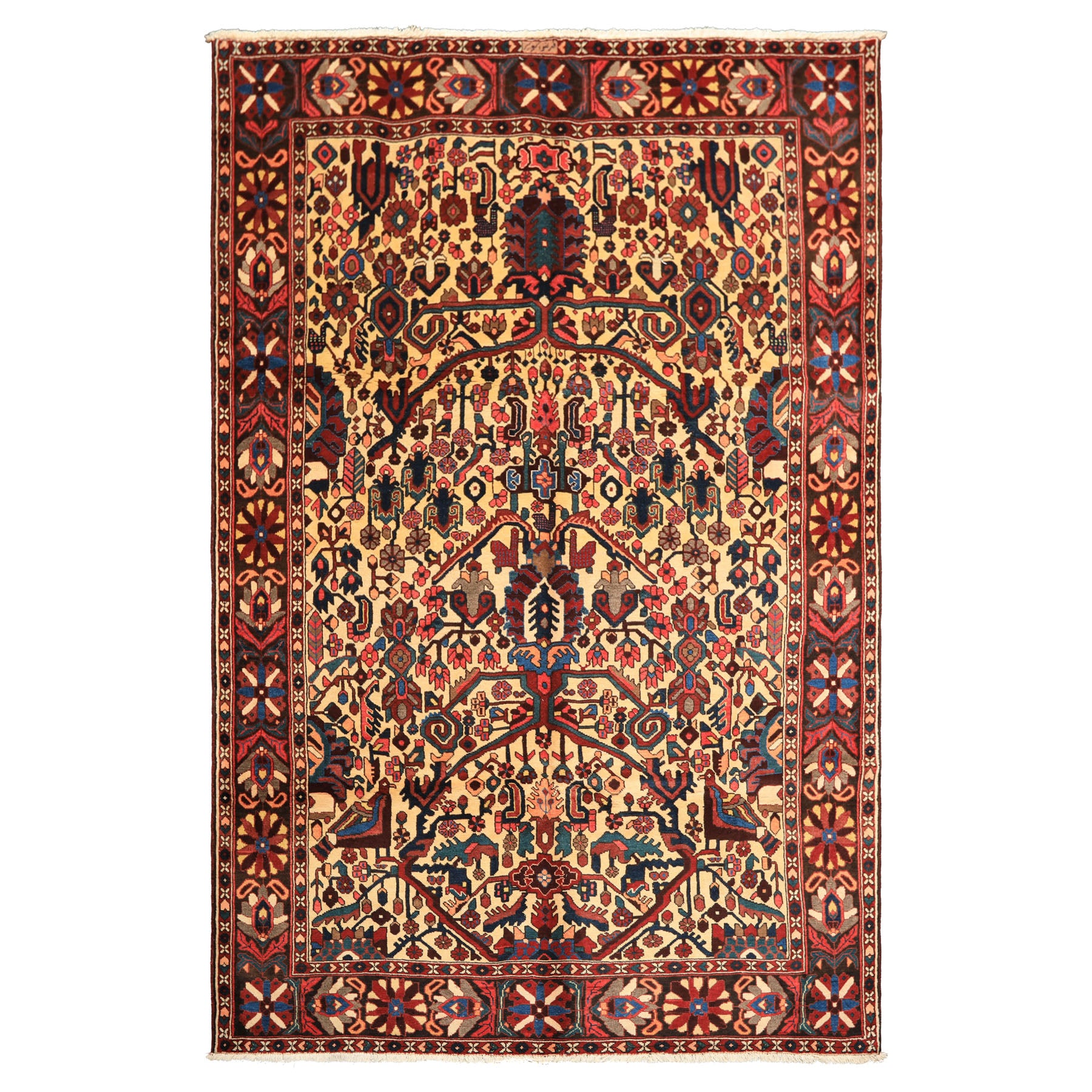 7x10 Ivory, Chocolate, Navy Color Hand Knotted Char Mahal Bhaktiari Wool Traditional Oriental Rug
