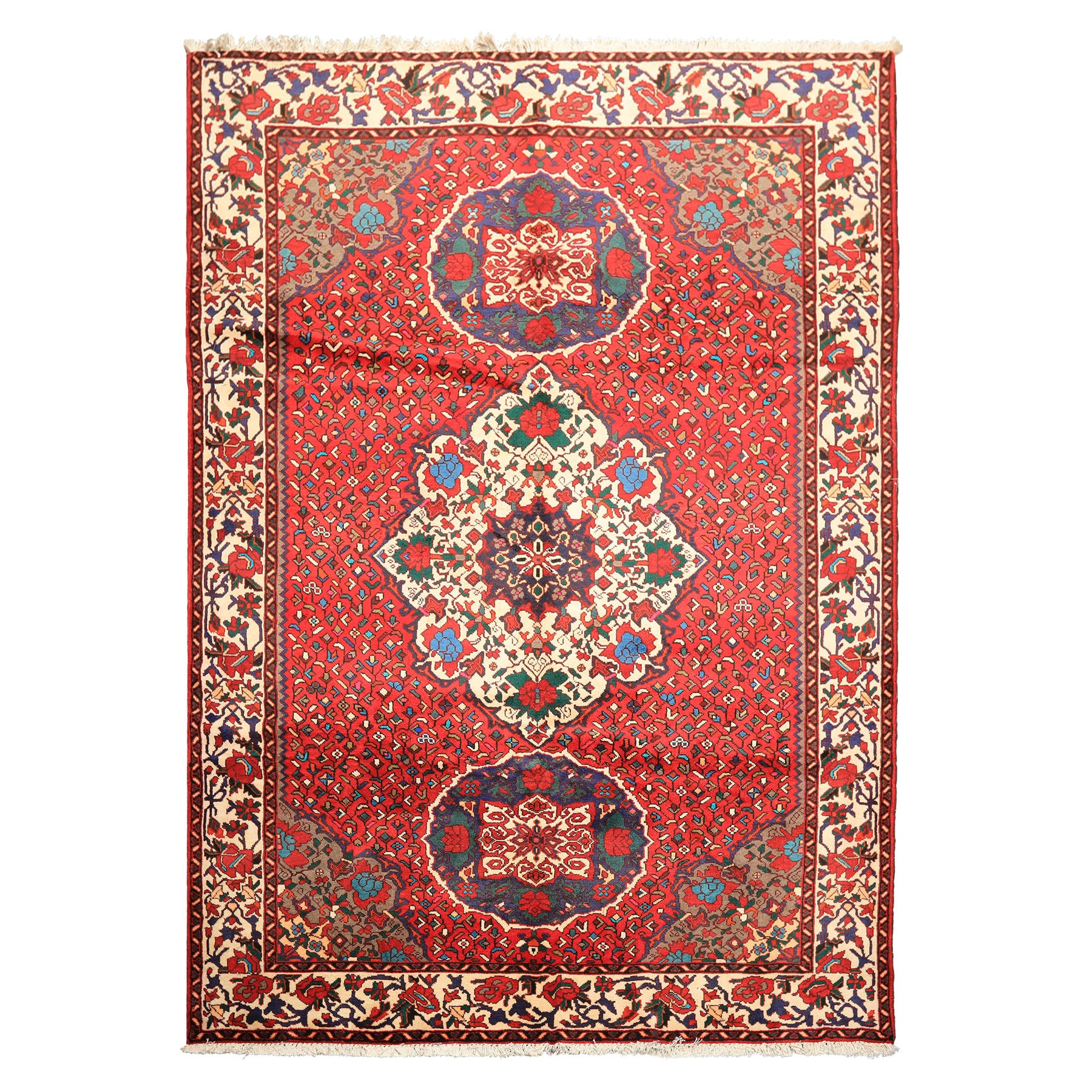 7x10 Red, Ivory, Blue Color Hand Knotted Ghom Wool Traditional Oriental Rug