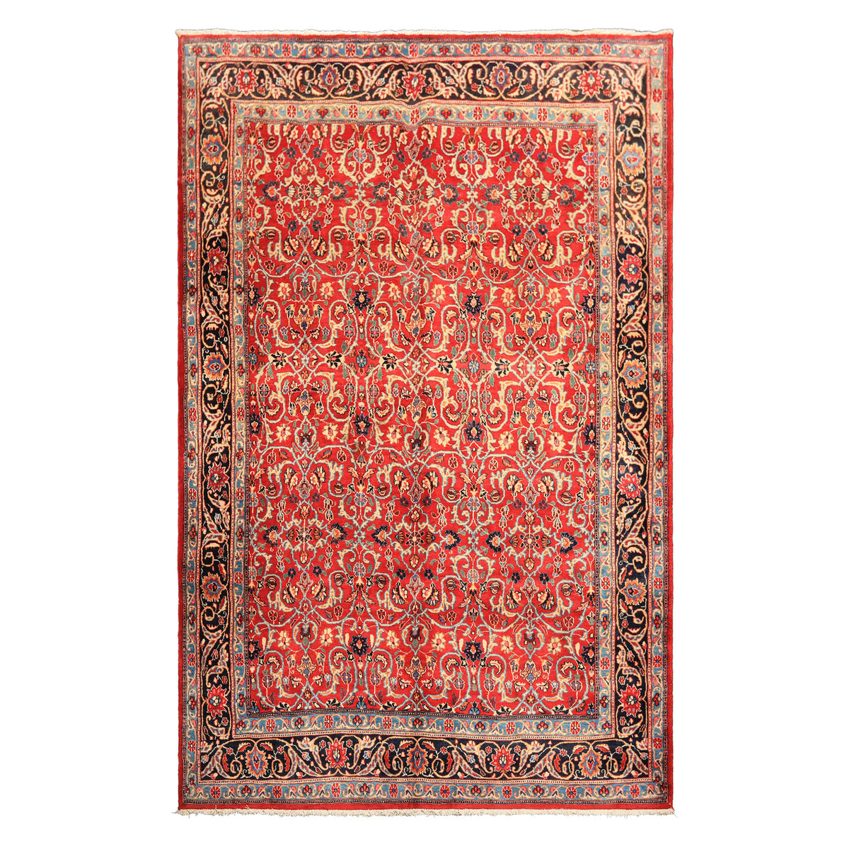 7x10 Red, Midnight Blue, Orange Color Hand Knotted Kashmar Wool Traditional Oriental Rug