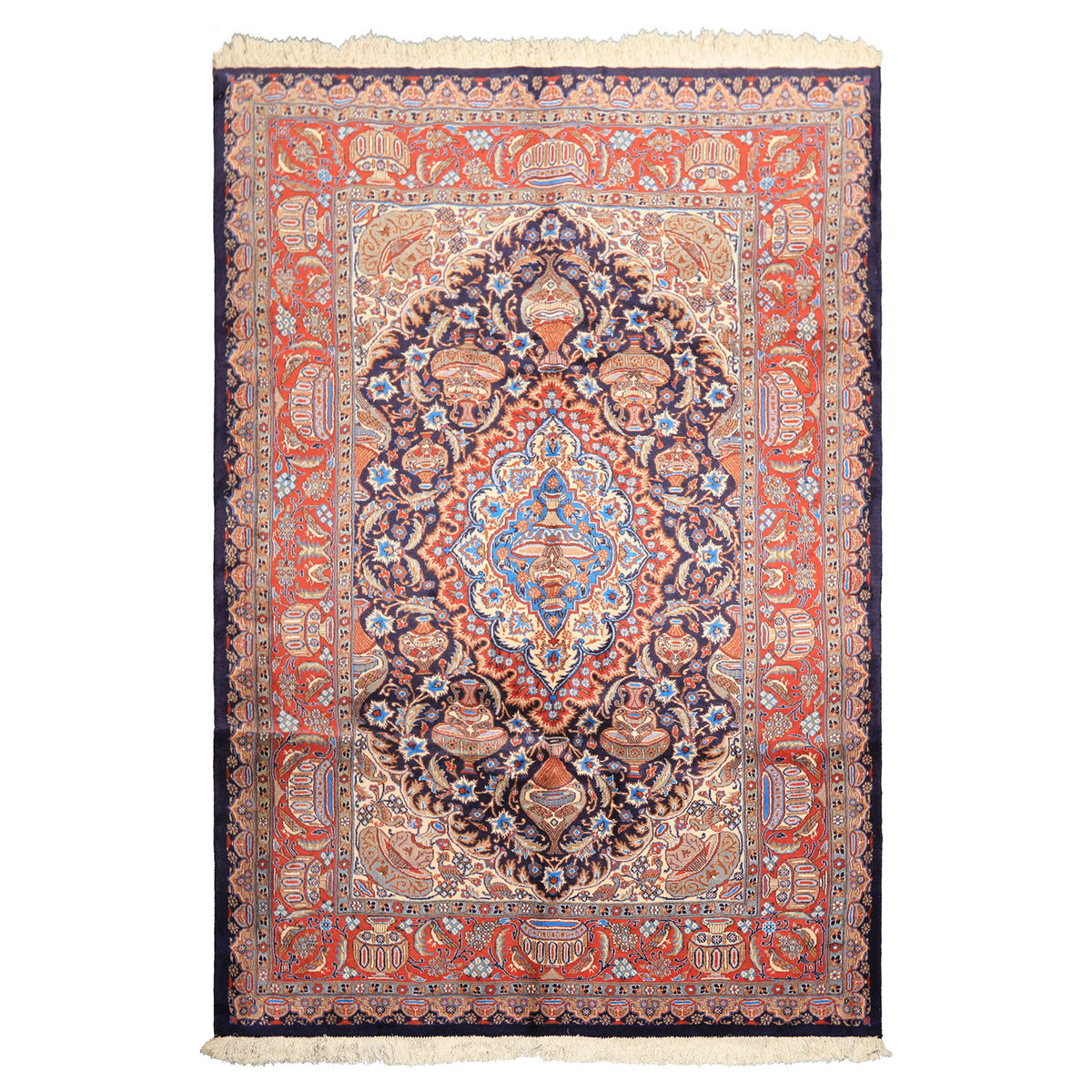 6x9 Navy, Burnt Orange, Ivory Color Hand Knotted Kashmar Wool Traditional Oriental Rug