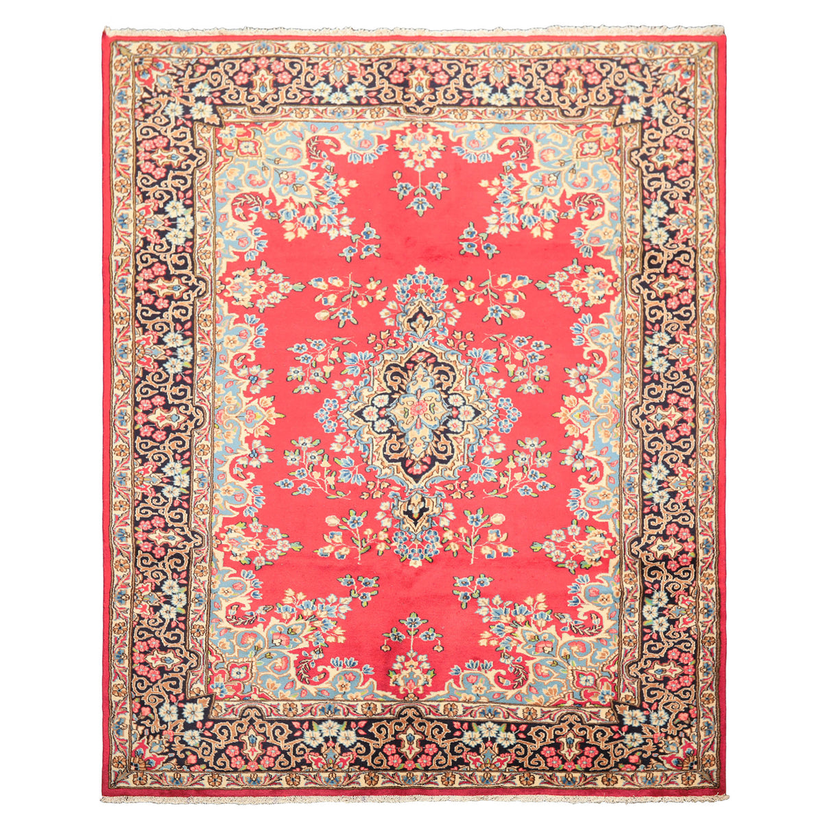 7x10 Fuschia, Midnight Blue, Aqua Color Hand Knotted Kerman Wool Traditional Oriental Rug