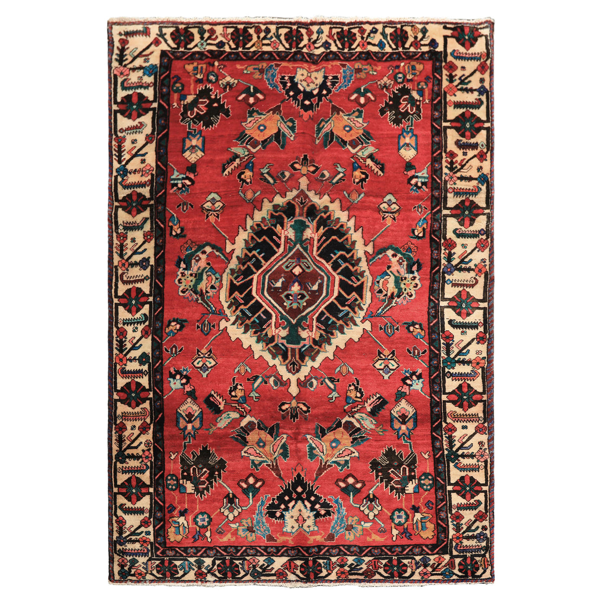 6x9 Red, Ivory, Green Color Hand Knotted Bakhtiari Wool  Oriental Rug