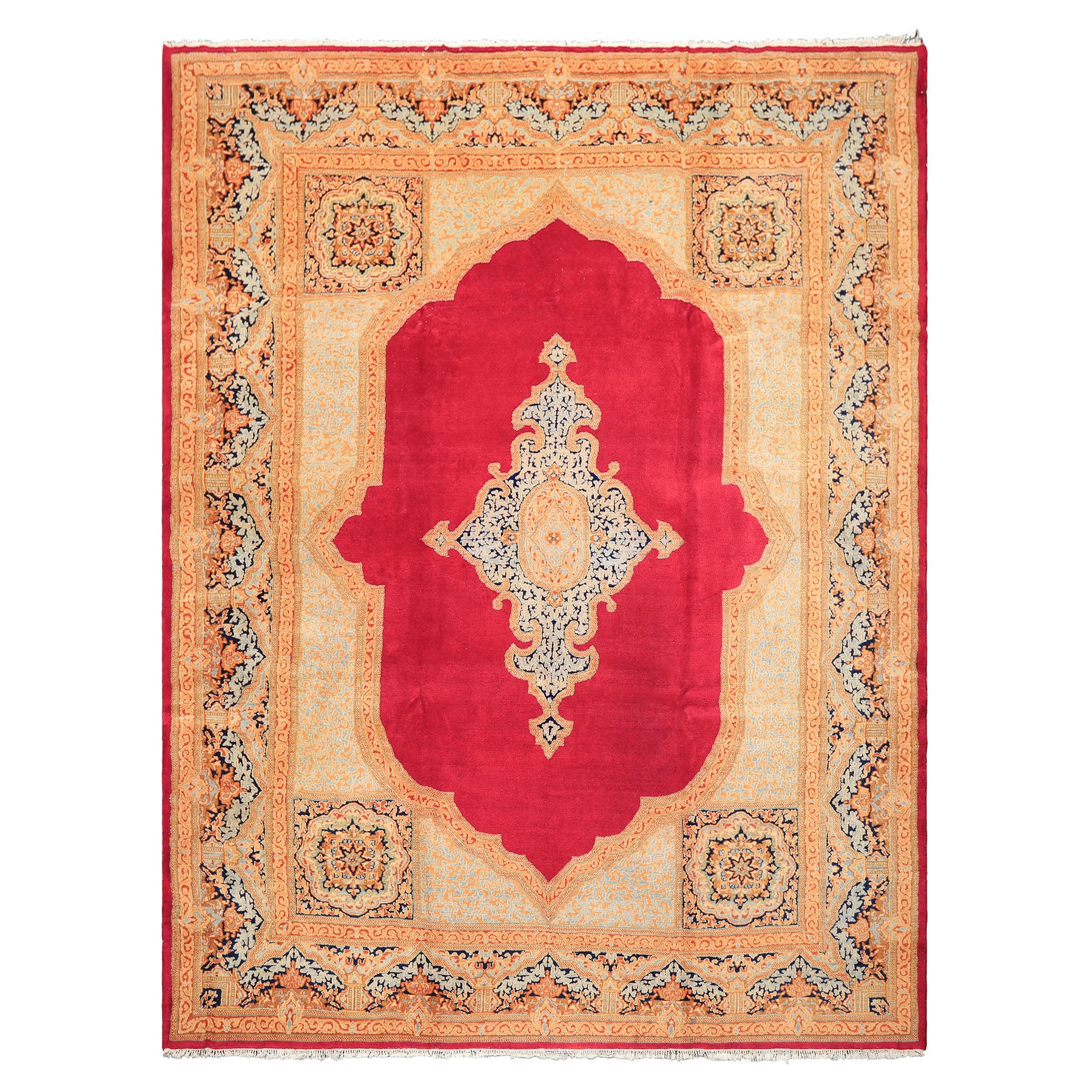9x12 Ruby Red, Aqua, Navy Color Hand Knotted Kerman Wool Traditional Oriental Rug