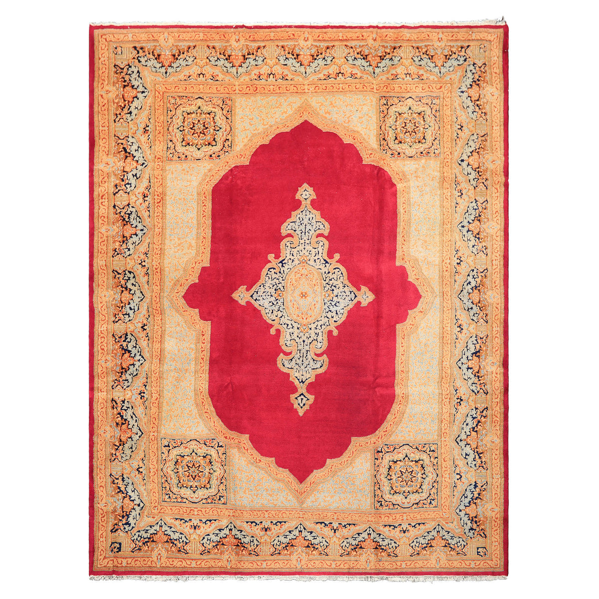 9x12 Ruby Red, Aqua, Navy Color Hand Knotted Kerman Wool Traditional Oriental Rug