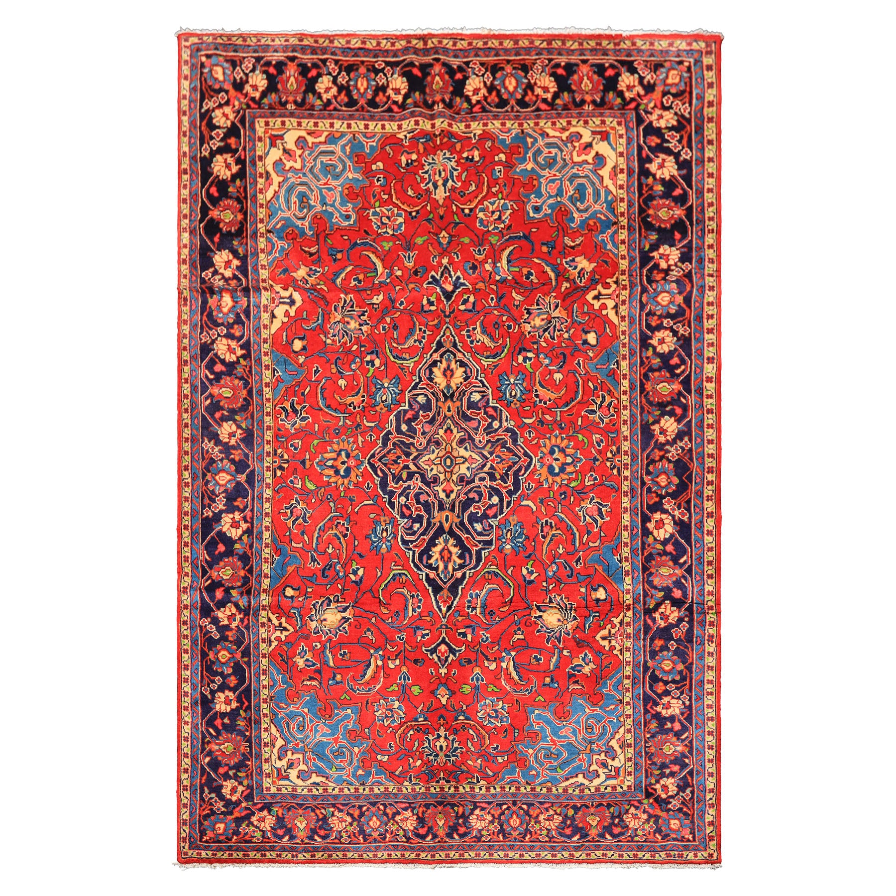 7x11 Red, Navy, Ivory Color Hand Knotted Sarouk Wool Traditional Oriental Rug