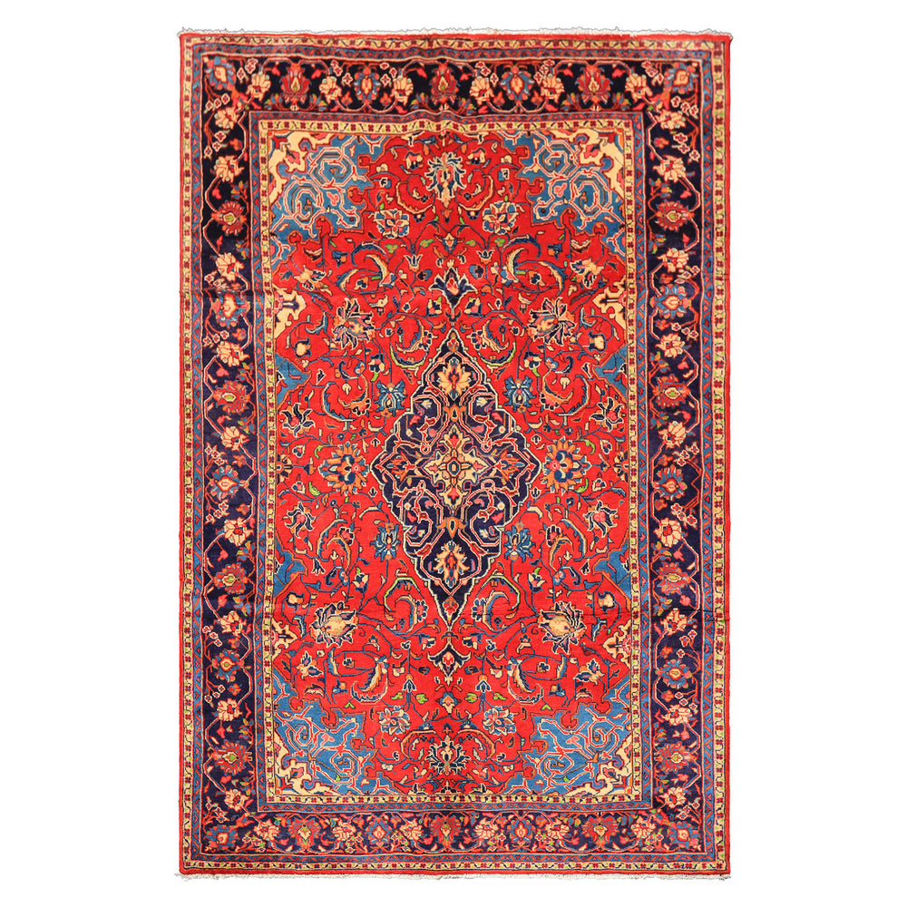 7x11 Red, Navy, Ivory Color Hand Knotted Sarouk Wool Traditional Oriental Rug