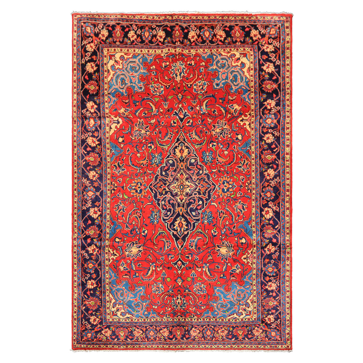 7x11 Red, Navy, Ivory Color Hand Knotted Sarouk Wool Traditional Oriental Rug