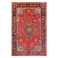 7x11 Red, Navy, Ivory Color Hand Knotted Sarouk Wool Traditional Oriental Rug