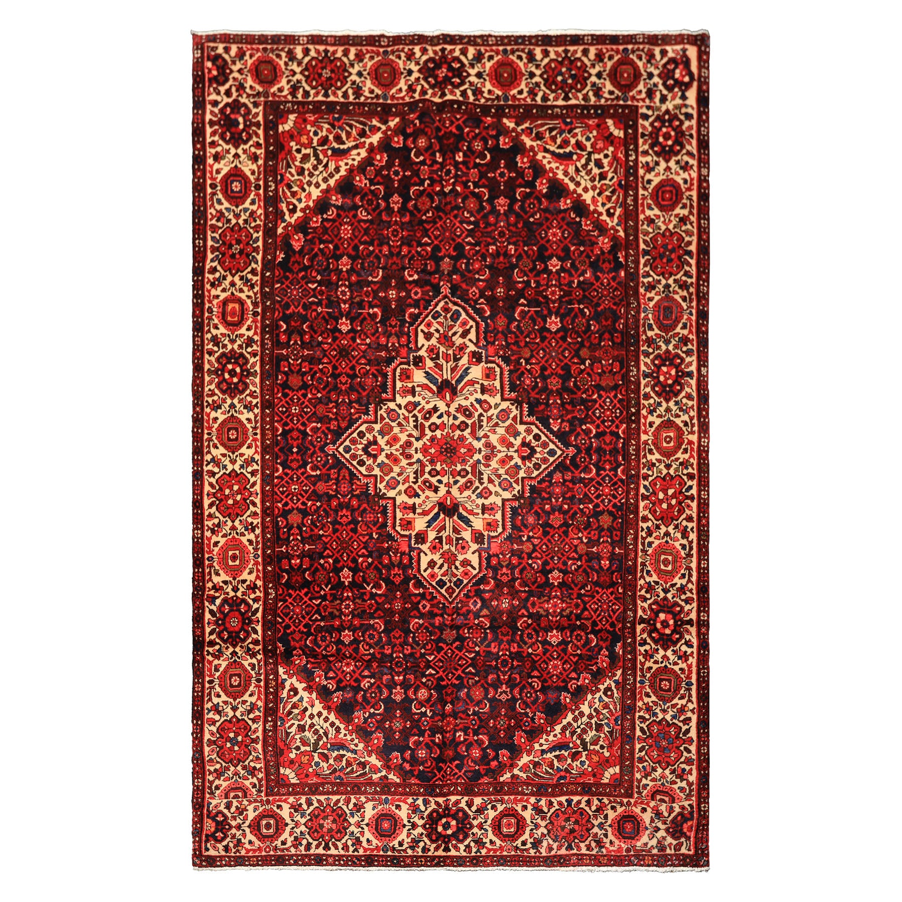 7x11 Midnight Blue, Ivory, Red Color Hand Knotted Hamadan Wool Traditional Oriental Rug