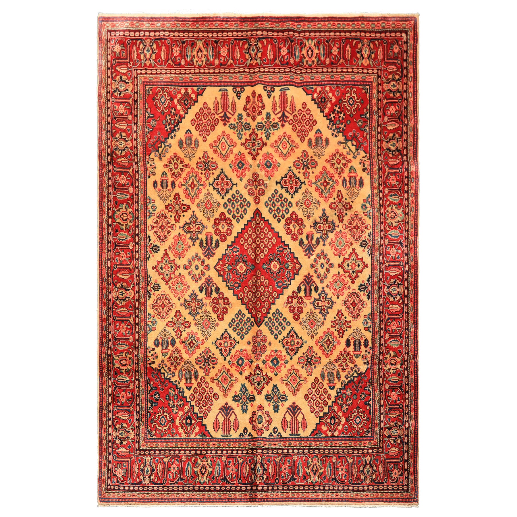 7x10 Light Gold, Ivory, Red Color Hand Knotted Meimeh Wool Traditional Oriental Rug