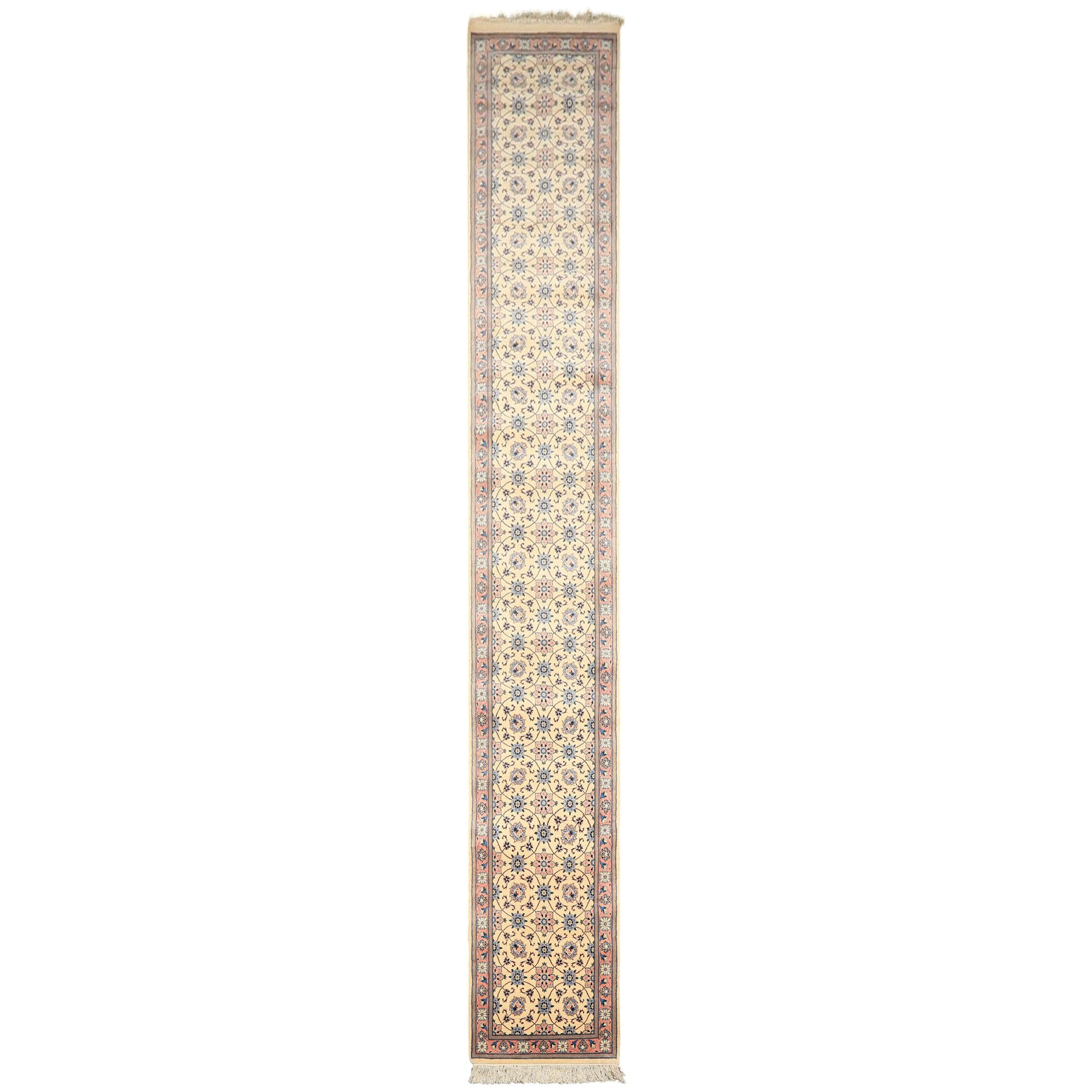 Runner Ivory, Rose, Blue Color Hand Knotted Kashan Wool Traditional Oriental Rug