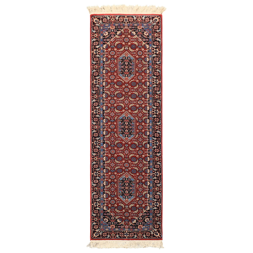 2'6x8 Red, Midnight Blue, Ivory Color Hand Knotted Indo Tabriz Wool Traditional Oriental Rug