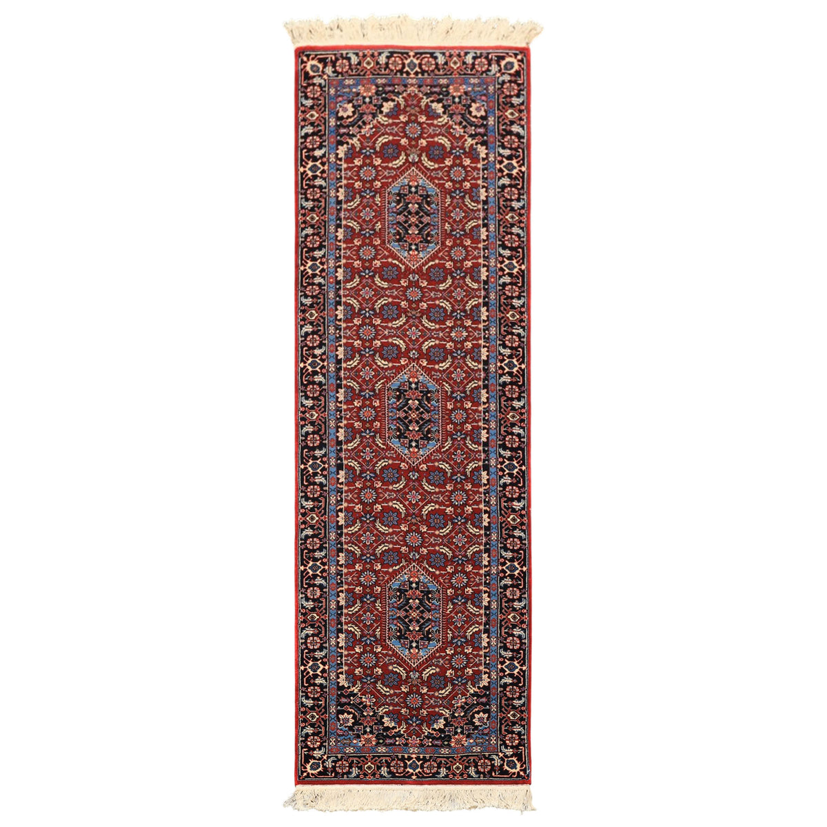 2'6x8 Red, Midnight Blue, Ivory Color Hand Knotted Indo Tabriz Wool Traditional Oriental Rug