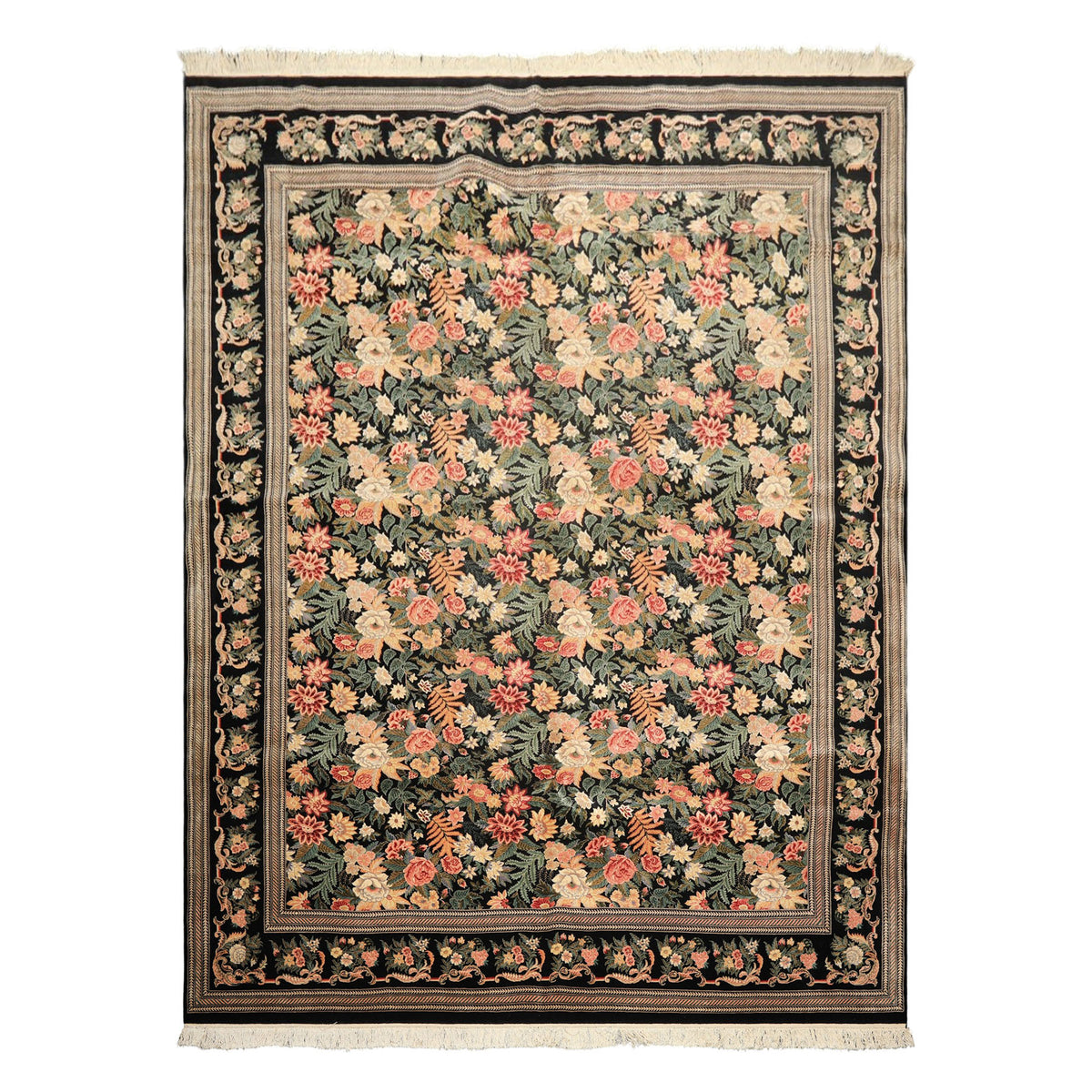 9x12 Black, Ivory, Rose Color Hand Knotted Pak Persian Wool & Silk Traditional Oriental Rug