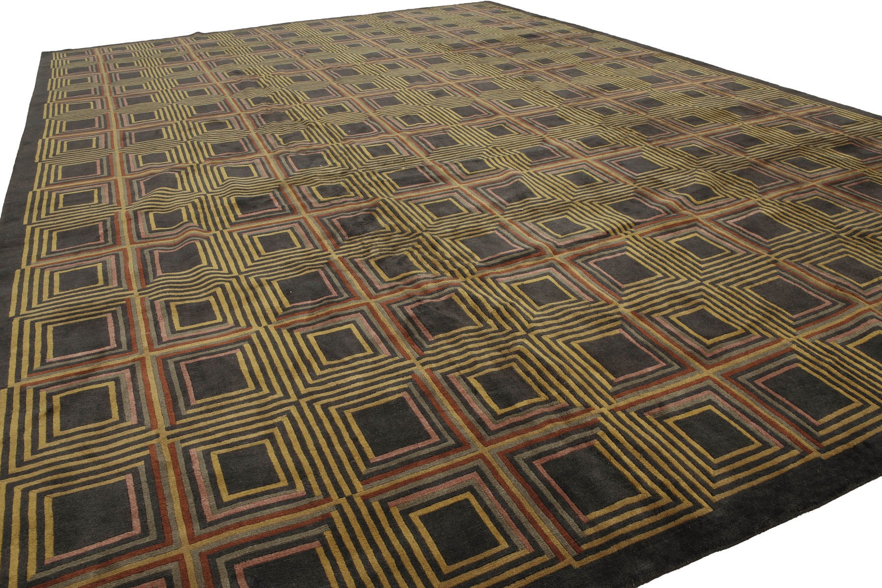 Knotted Rug Dark Olive Mustard Hand Knotted 17'7''x25'6'' Palace Size Aga John Modern Contemporary Tibetan 100% Wool Oriental Area Rug