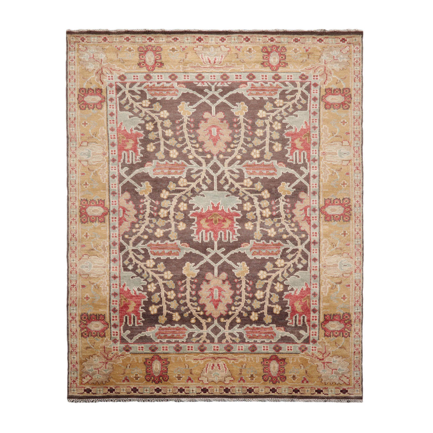 Multi Size Brown Mustard Beige Color Hand Knotted William Morris Wool  Oriental Rug