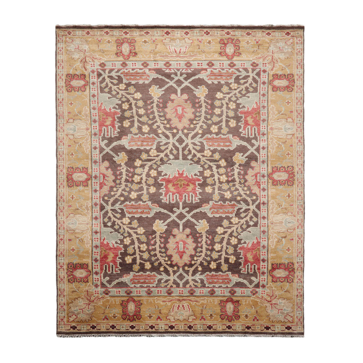 Multi Size Brown Mustard Beige Color Hand Knotted William Morris Wool  Oriental Rug