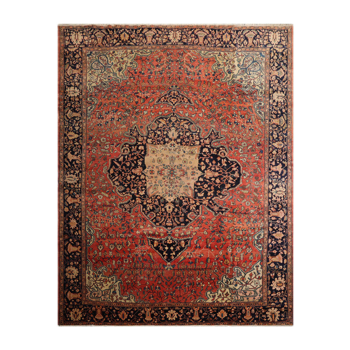 9x12 Rose, Midnight Blue, Ivory Color Hand Knotted Ferahan 100% Wool Traditional Oriental Rug