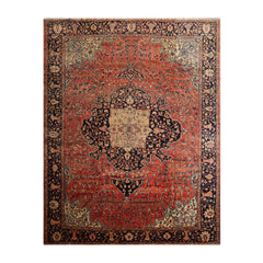9x12 Rose, Midnight Blue, Ivory Color Hand Knotted Ferahan 100% Wool Traditional Oriental Rug