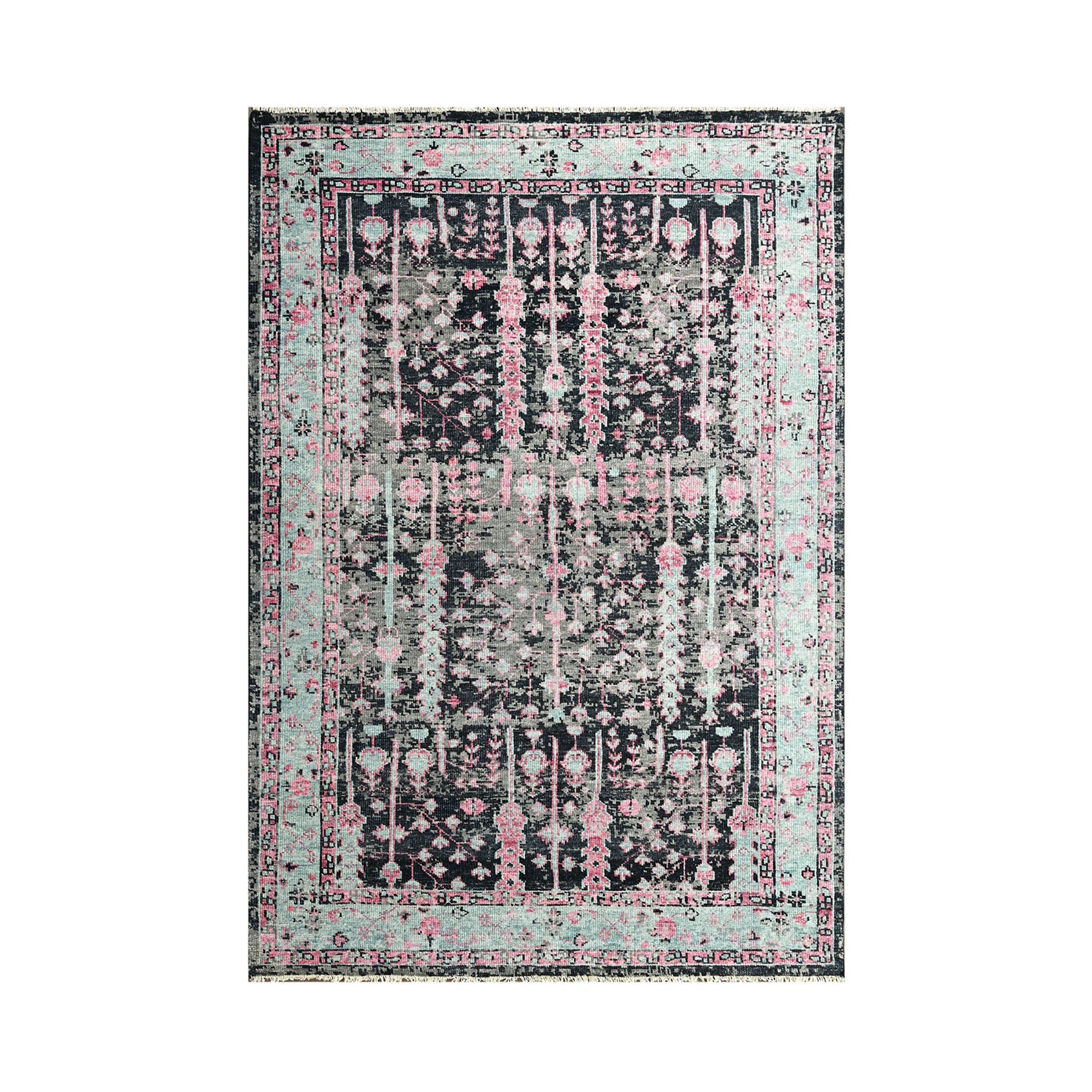 Multi Size Black Gray Mint Color Hand Knotted Indo Oushak Wool Traditional Oriental Rug