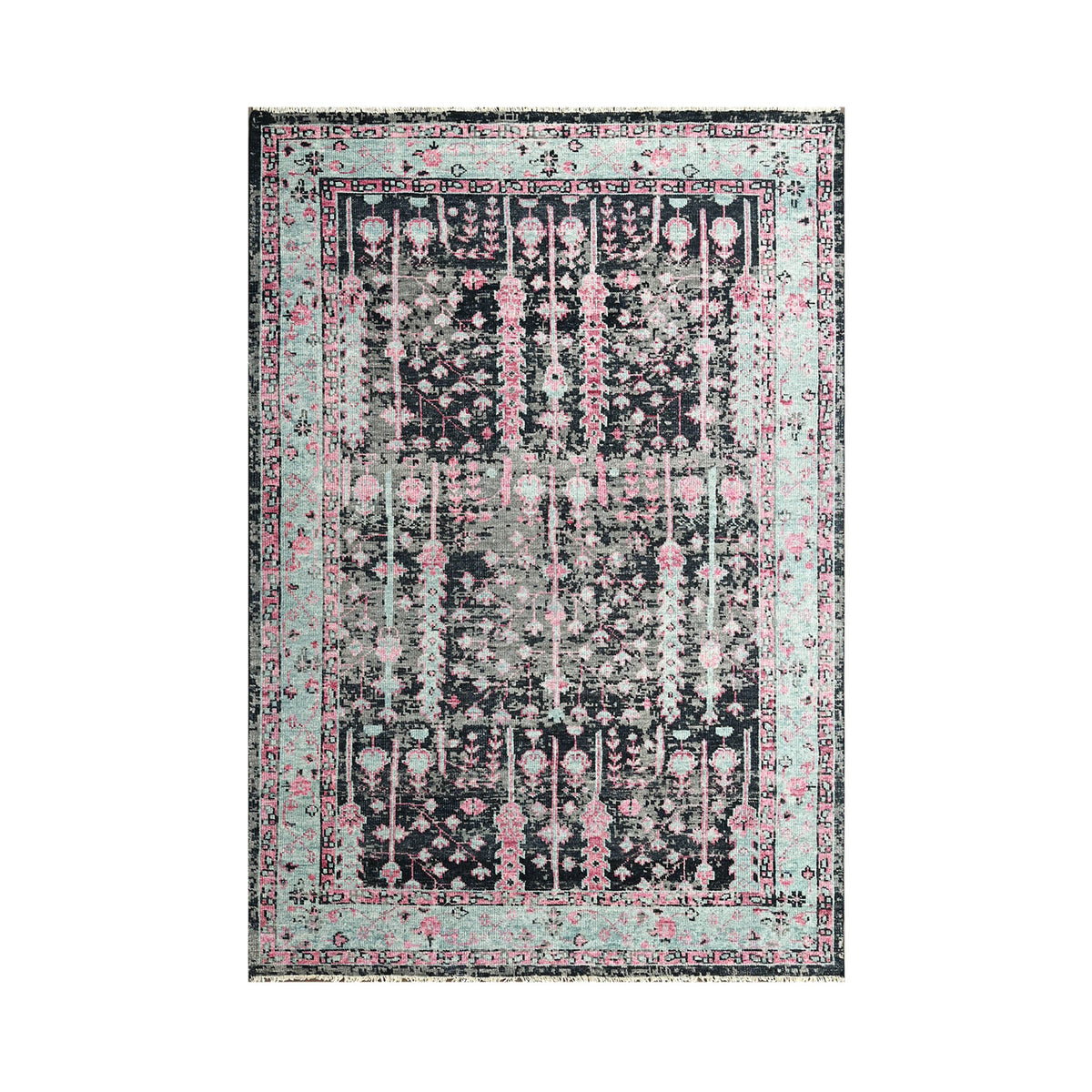 Multi Size Black Gray Mint Color Hand Knotted Indo Oushak Wool Traditional Oriental Rug